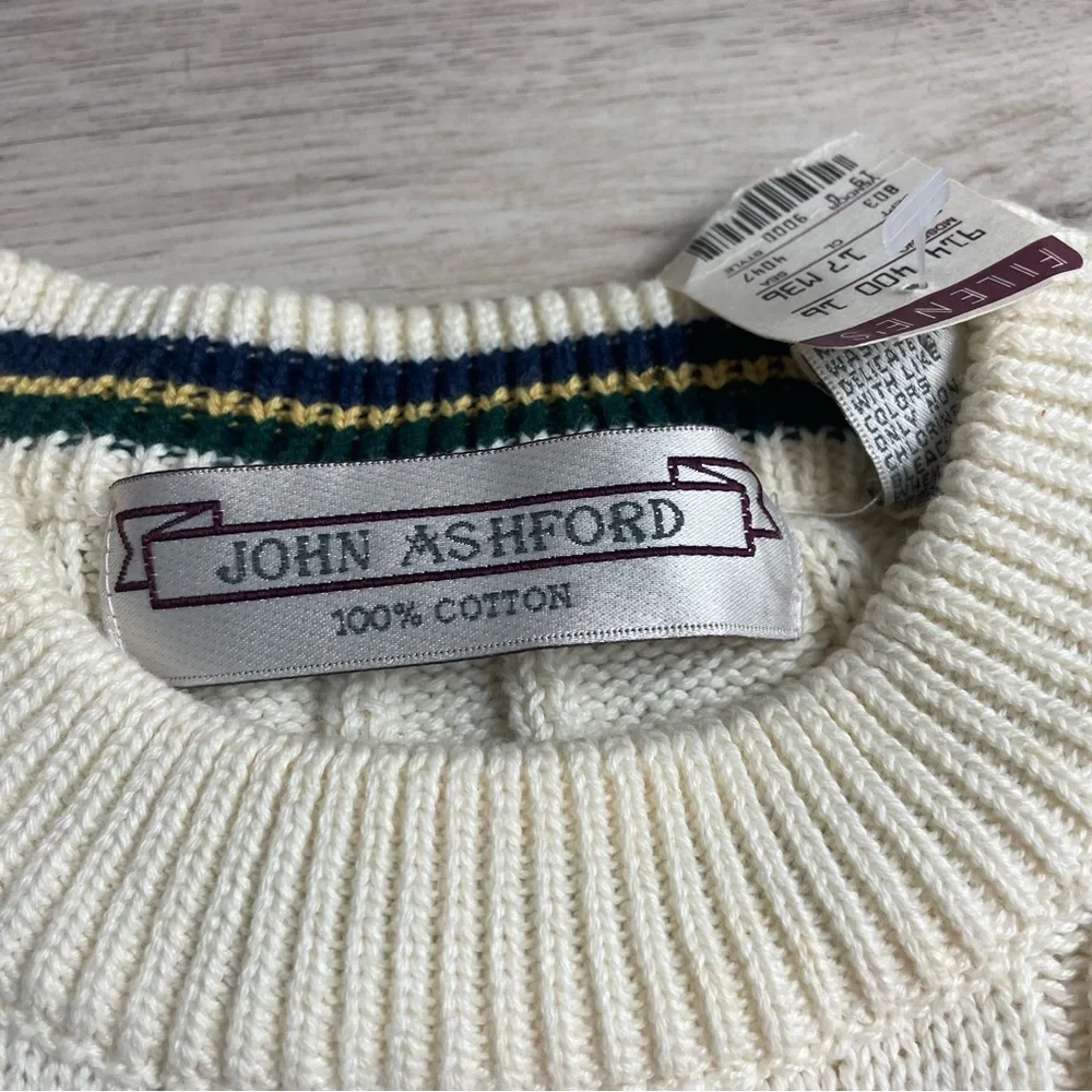 John Ashford VTG 90s Sweater Mens M Cable Knit Cotton NWT White